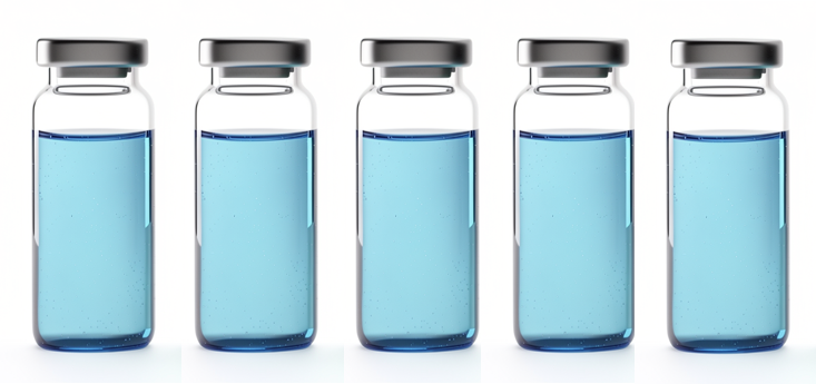 Five identical vials representing reliable, reproducible biotechnology production